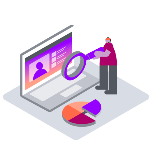 Illustration of an oversized agent holding a large magnifying glass in front of the screen of a laptop, showing a video conference in progress. On the ground in front of the laptop is a poie chart, with one of the slices raised out of the chart.
